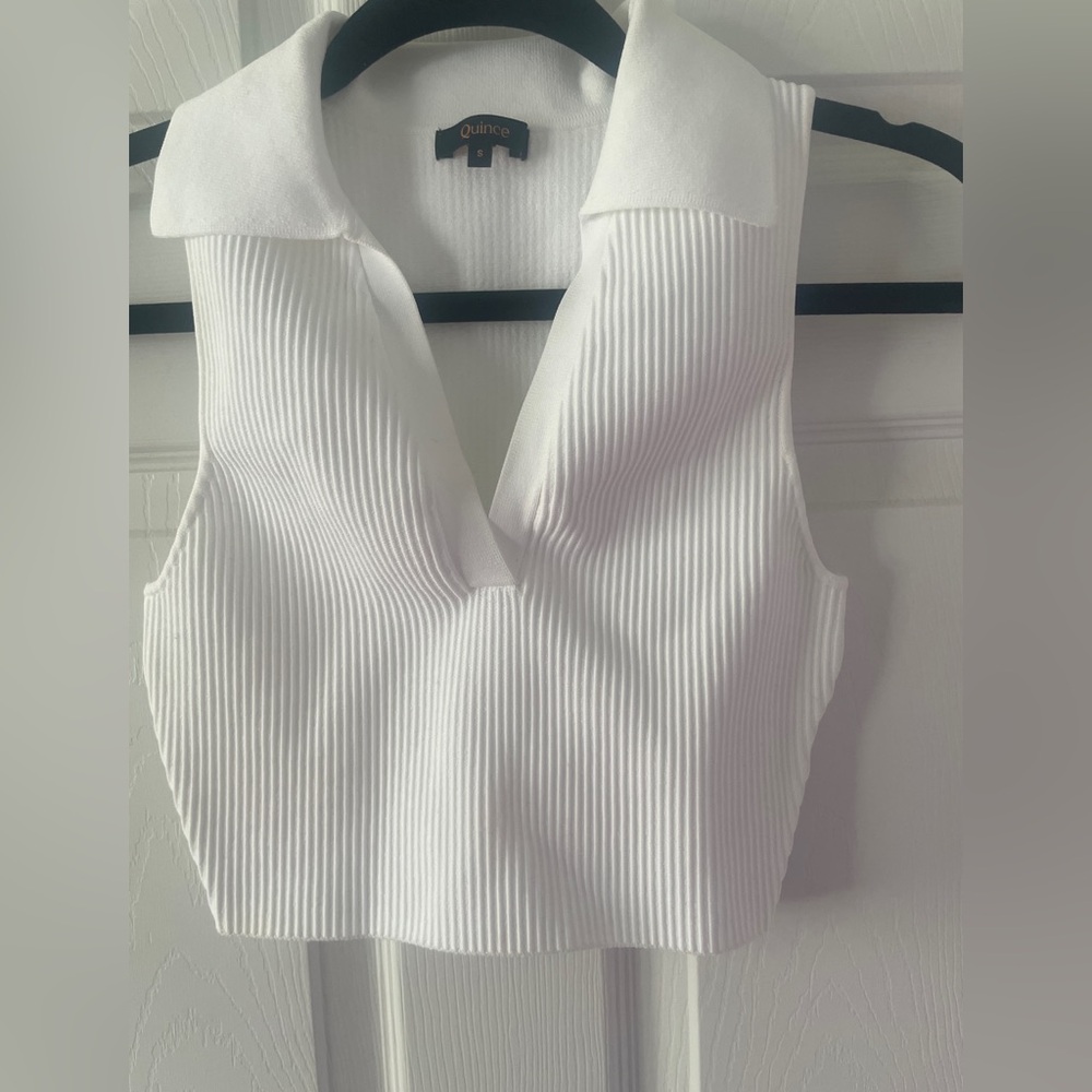 Quince White Ribbed V-Neck Crop Top